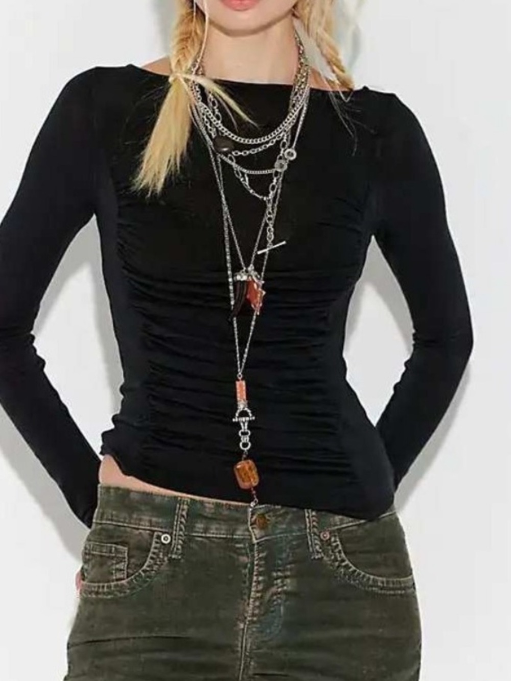 Free People Ruched Long-Sleeve Top in Black